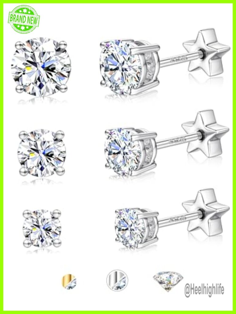 Moissanite Stud Earrings 925 Sterling Silver 14K Gold Plated Flat Back Screw